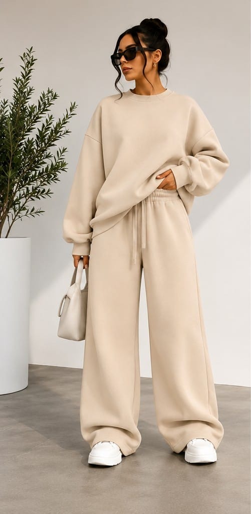 Ensemble Sweat & Pantalon Large Beige Vue Face