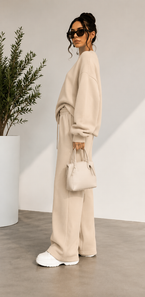 Ensemble Sweat & Pantalon Large Beige Vue Profil